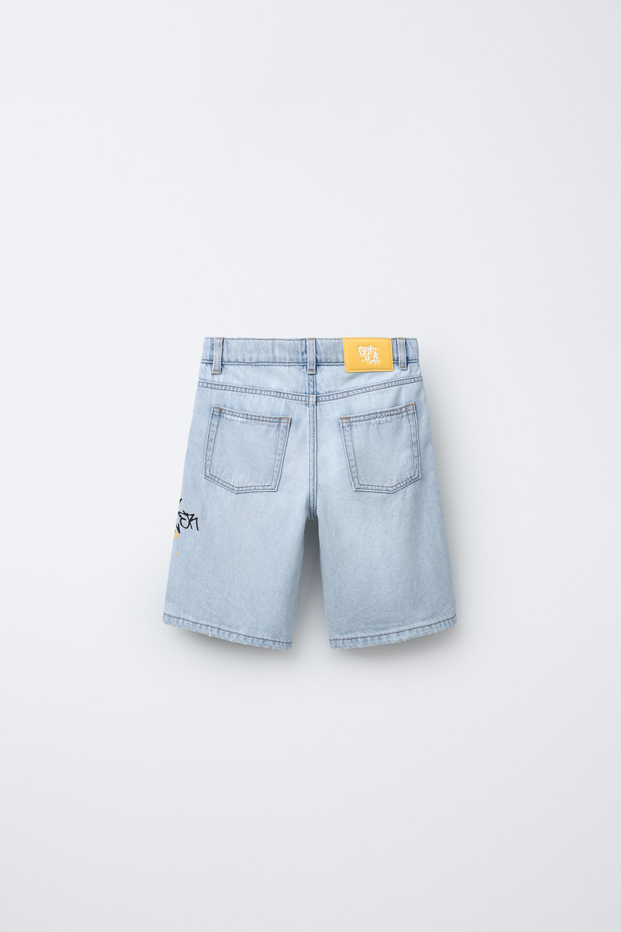 RIPPED AND GRAFFITI PRINT STRAIGHT DENIM SHORTS